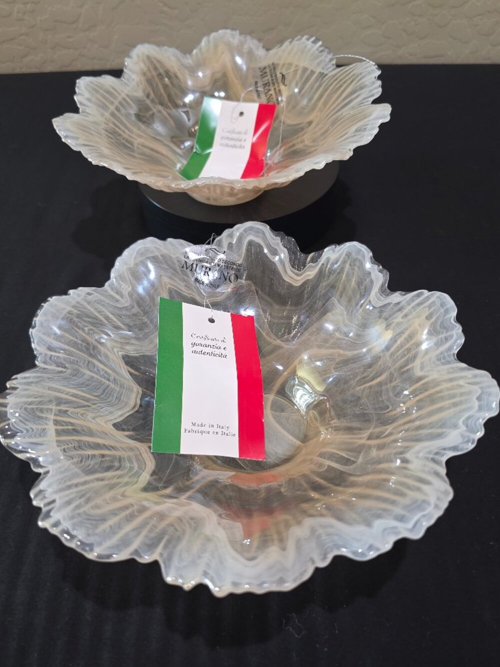 2 x Italy Italian Butterscotch Amber White Lace Wavy Edge Ombre Glass Bowl Set